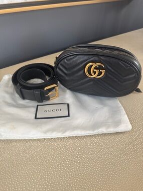 Gucci Black GG Marmont Matelasse Leather Belt Bag with Gold GG Hardware